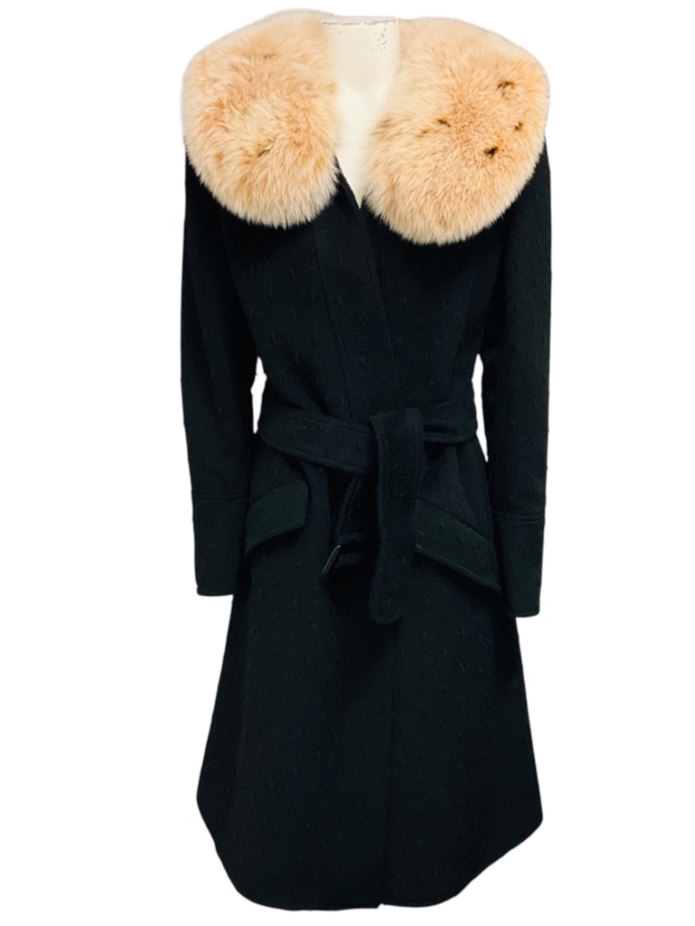 VALENTINO BLACK BELTED WOOL COAT WITH FOX FUR COLLAR